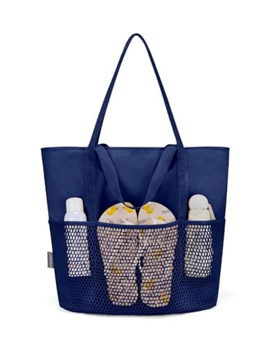 Image of KABAQOO Beach Bag with Zip and Pockets Small Beach Tote Bags for Women with Compartments and Key Chain Foldable Shopping Bag Pool Bag, Dark Blue