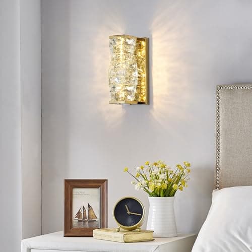 Image of Sxtiger Modern Crystal Wall Light Sconce, Three-Color LED Crystal Wall Lamp Fixtures Indoor Wall Lighting for Living Room Bedroom Kitchen Entryway Hallway (Gold)
