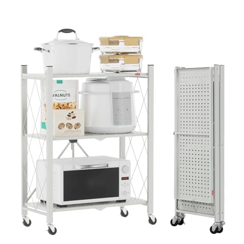 Image of DEANIC Folding Storage Shelves,3 Tiers Metal Shelving Units for Storage 61x85x28 CM, Corner Kitchen Shelves on Wheels,Pantry Shelves,Bookcase for Living room Grey