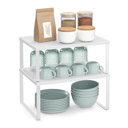 Image of SONGMICS Spice Racks, Set of 2 Cupboard Organisers, Kitchen Storage, Stackable, Expandable, Metal Counter Shelves, White KCS01WT