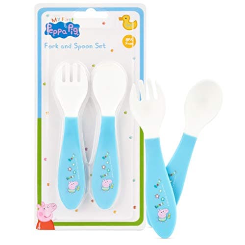 Image of Peppa Pig Toddler Cutlery Set, Square Straw Sipper 420ml, Fork & Spoon, Plate Dinnerware Set, Non-Spill Flip Up Spout Character Set, BPA Free Toddler Cutlery (4 Blue Cutlery Set)