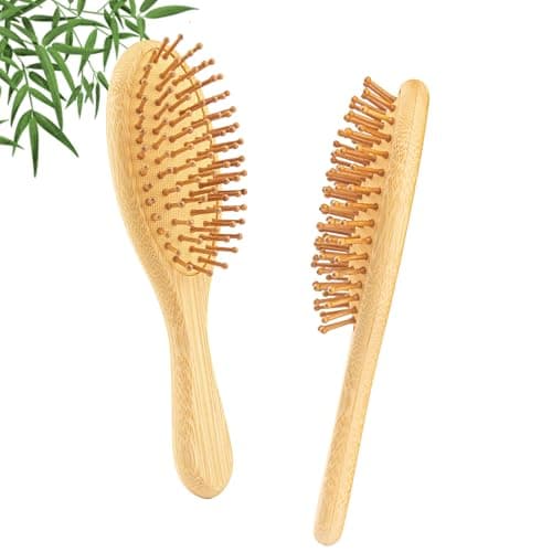 Image of YUNAI Bamboo Paddle Wooden Hair Brush – Natural Bamboo Air Cushion Comb for Massaging Scalp, Reduce Frizz No Hair Tangle Small Oval Brush for Curly Hair