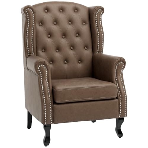 Image of HOMCOM Wingback Armchair, PU Leather Fireside Chair, Button Tufted Accent Chair for Living Room, Bedroom, Home Office, Brown