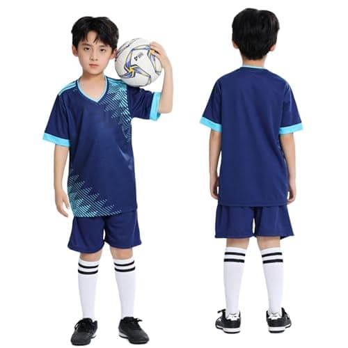 Image of Boys Sport Shorts Sets Kids Football Training Suit Shorts and T-shirt Set School PE Tracksuit Mesh Sport Uniform Jersey Kit Navy 10-11Years