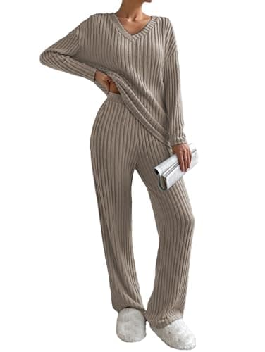 Image of Famulily Plain Pyjama Sets for Women Winter Warm Sleepwear Long Sleeve Set, Knitted 2 Piece Loungewear Homewear Pajamas Casual Nightwear Travel Clothes (XL, Coffee)