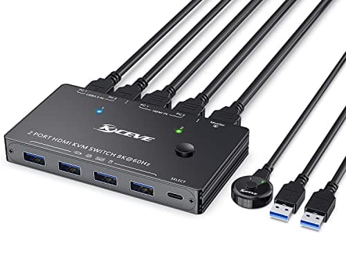Image of 8K KVM Switch 2 PC 1 Monitor, 2 Ports USB 3.0 HDMI KVM Switcher, Supports Resolution of 7680 x 4320@60 Hz, 3840 x 2160 @ 120Hz for 2 Computers Share Mouse, Keyboard and Monitor