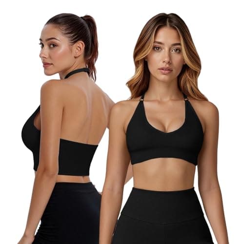 Image of Fiohiros Deep V Neck Sports Bras for Women, Seamless Open Back Removable Pads Adjustable Neck Strap Wireless Workout Yoga Crop Top Bra (UK, Alpha, S, Regular, Regular, Black)