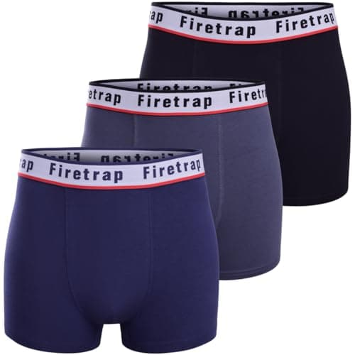 Image of Firetrap Mens Boxer Trunks 3 Pack Stretch Cotton Underwear Breathable Comfort Fit Plain Colours Elastic Waistband Durable Everyday Wear Underpants Gift Set for Gym Work Black, Grey, Blue M