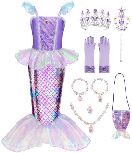 Image of MELAND Mermaid Costume Kids, Princess Costumes for Girls Gift Aged 3-4, Little Mermaid Dress Up for Girls World Book Day (S)