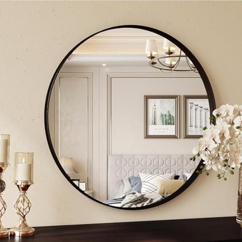 Image of Clevich Round Wall Mirror 60cm, Black Framed Circle Mirror with Tempered Safety Glass, large Decorative Hanging Vanity Mirror for Wall, Hallway, Bathroom, Living Room & Bedroom Decor
