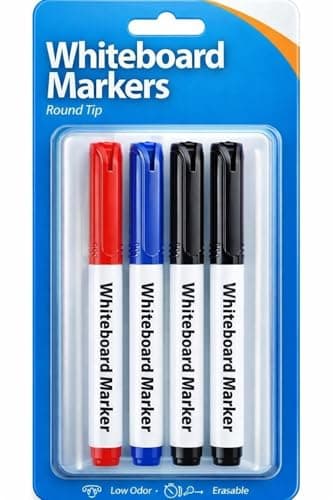 Image of 1ABOVE Dry Wipe Whiteboard Markers, Round Tip, Full Size, Non-Toxic, 4 Pack, Assorted Colours