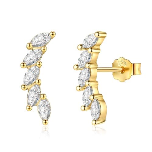 Image of VYYU Gold Stud Earrings for Women - Sterling Silver Earrings, Cubic Zirconia Leaf Climber Earrings Hypoallergenic Earrings | Leaf Earrings Jewellery Christmas Birthday Wedding Gifts, Gold Earrings