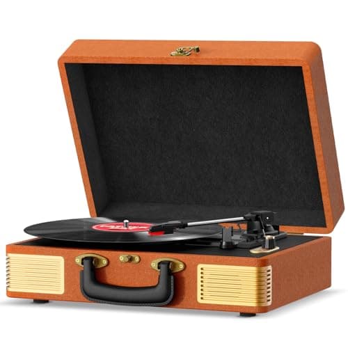 Image of Record Player, FYDEE Vinyl Record Player Built-in 2 Speakers, Retro Vinyl Player with 3-Speed (33/45/78 RPM) Bluetooth Turntable, Portable Suitcase Supports RCA and Headphone Jacks - Walnut Brown