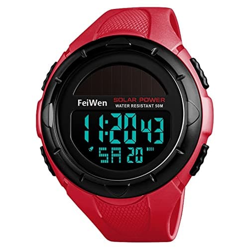 Image of FeiWen Men's Large Dial Digital Solar Sports Watch 50M Waterproof LCD Outdoor Military Multifunction Plastic Case with Rubber Strap Watches for Women, Red
