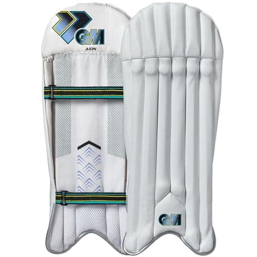 Image of Gunn & Moore GM Cricket Wicket Keeper Keeping Pads | Aion | PVC Facing with Cane & Low Density Foam Face Filling | Mesh Instep | Junior | Approx 0.89 kg per Pair | 1 Pair | White with GM Logo
