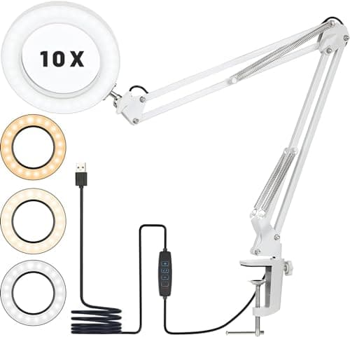 Image of 10X Magnifying Glass with Light and Stand, LED Desk Lamp with Clamp,72LEDs & 5 Color Modes Magnifier Desk Lamp,10X Magnifying Lamp for Craft Work Reading Sewing Painting Repair Crafts-White