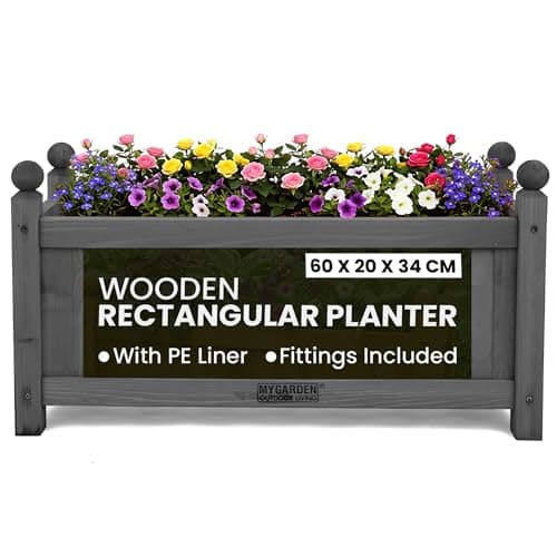 Image of My Garden Wooden Rectangular Trough Planter with PE Liner - 60 x 20 x 34 cm Weather Resistant Wooden Planter Box for Patios, Gardens & Decking - UV Resistant, Easy Assembly, Ideal for Plants & Shrubs