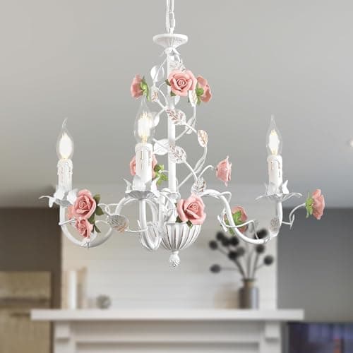 Image of meibeileil Vintage Flower Chandeliers Ceiling Light,White Metal Pendant Light with Pink Ceramic Rose,French Country E14 Candle Chandeliers for Bedroom Living Room Girls Room Kitchen,3 Light