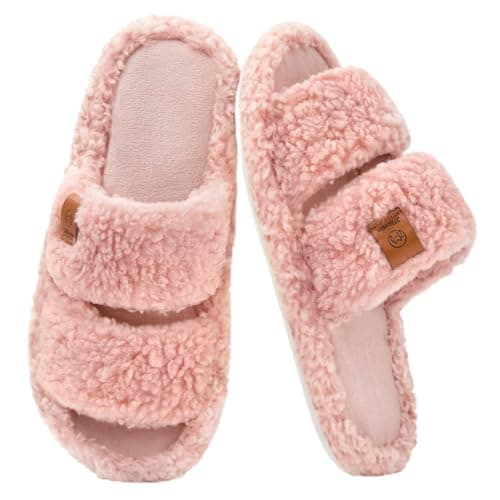 Image of Donpapa Slippers for Women Ladies Fuzzy With Memory Foam Comfort Open Toe Cozy House Shoes Anti-Slip Indoor Outdoor Pink 3.5-5