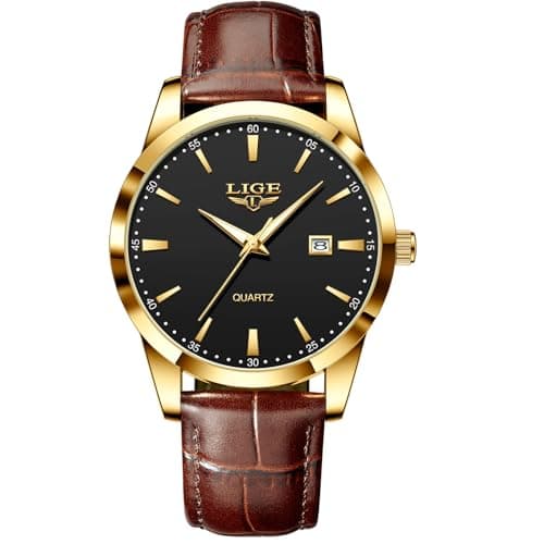 Image of LIGE Mens Watches Waterproof Analogue Gents Vintage Quartz Business Brown Leather Wrist Watch for Men with Date - Suitable as a Gift for Men (Gold Black)