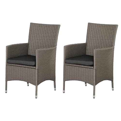 Image of Outsunny 2 Pieces Outdoor PE Rattan Dining Chairs Set with Cushion, Garden Armchair with Armrests, High Backrest, Metal Frame Patio Wicker Furniture, Grey