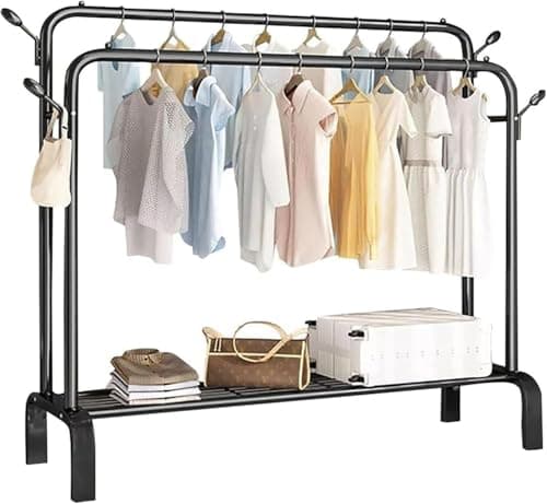 Image of MY HOMIE Heavy Duty Clothes Rail - Sturdy Black Metal Rack with Double Hanging Rods, Shoe Rack Shelf, 4 coat hooks, Freestanding Wardrobe Rail for Bedroom, Shop - Black Clothing Rack (Without Wheels)
