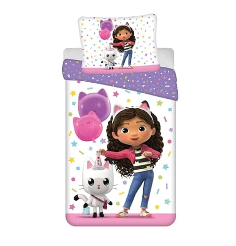 Image of Gabby’s Dollhouse ''Confetti'' Bedding Set | Duvet Cover 140x200 cm + Pillowcase 50x70 cm | Official Kids Cotton Bed Linen | Soft Breathable Bedlinen for Girls | Licensed Children’s Bedroom Set
