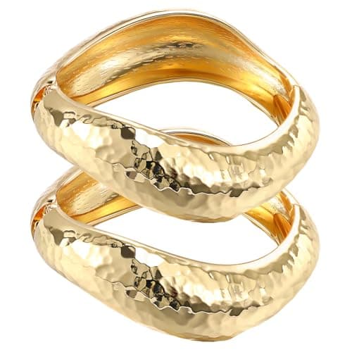 Image of Emibele Gold Bangles for Women, 2PCS Irregular Hammered Chunky Gold Bracelet Hinged Open Bangle Bracelets for Women, Trendy Wide Arm Cuff Minimalist Jewelry Gifts for Valentine Christmas Birthday