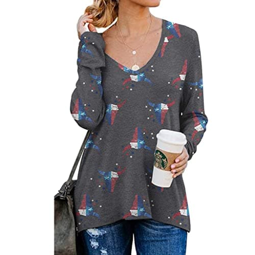 Image of Womens Christmas Snowflake Top Long Sleeve V Neck T Shirt Ladies Casual Loose Blouse Star Print Tunic Winter Jumper Tops UK (Grey, S)