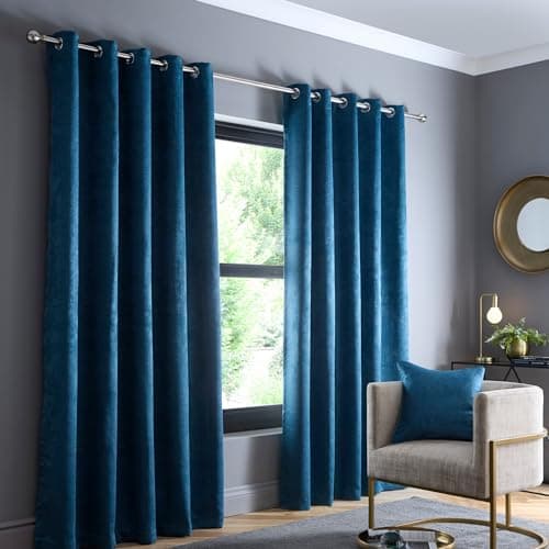 Image of Fusion Strata Teal Eyelet Drapes – W66 x L72 (168x183cm) – Thermal Insulated – 2 Panels – Teal Blue Window Dressing for Bedroom/Living Room – Door Panel Pair – Modern Soft Furnishing