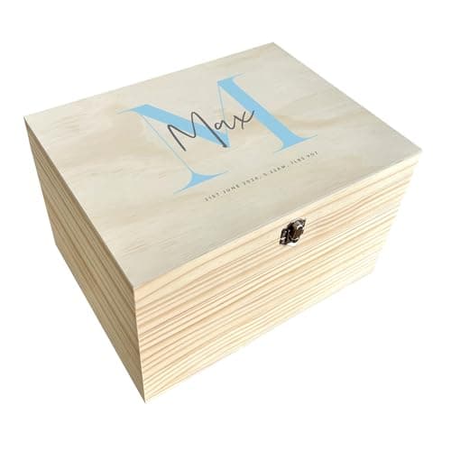 Image of Personalised Baby Keepsake Box with Initial | Treasured Memories Gift Box for Newborns | Personalised Name and Date | Colour Options | Pine Box with Metal Hinges & Clasp | W20cm x D15cm x H11cm