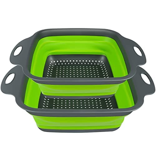 Image of AUAUY 2 PCS Collapsible Colander Set, Square Silicone Folding Colander with Plastic Handles, Eco-Friendly Large Hole Kitchen Strainer for Draining Pasta Vegetables Fruits-1 Large and 1 Small