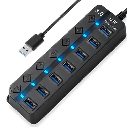 Image of 7-Port USB 3.0 Hub Multiport Splitter with Individual Switches and Lights 5Gbps High-Speed Multiple Port USB Adapter Extension Hub with Extended Cable for Macbook PC Printer and More