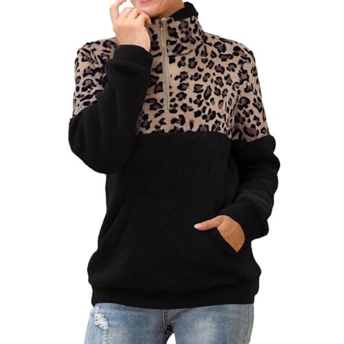 Image of Women'S Fleece Pullover Sweatshirt Quarter Zip Ladies Sweatshirts Without Hood Plus Size Fashion Cosy Warm Leopard Print Crop Top With Pockets Splicing Pullover Sweaters Classic-Fit Cute Sweaters