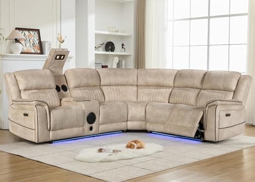 Image of Geneva Pro Fabric Electric Recliner Corner Sofa With Cup Holders - Fabric Corner Sofa With Cooling Cup-Holders/LED Lights/Bluetooth Speakers/Wireless Charging Pad/USB Charging Ports (Beige)