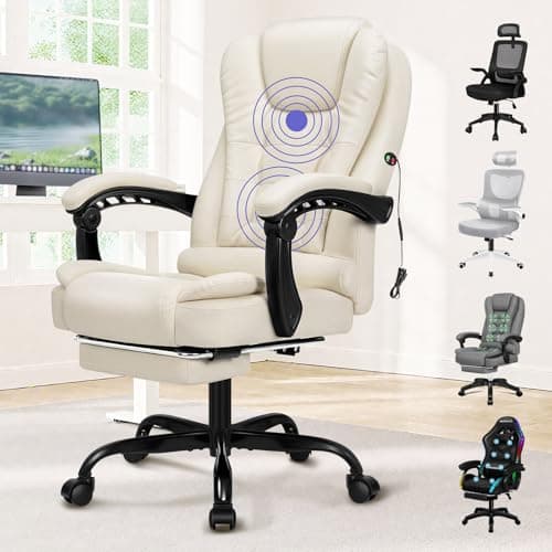 Image of ELFORDSON Massage Office Chair for Home Office, Executive Desk Chair 77 cm High Back 150° Recliner Tilt Function Padded Swivel, PU Leather, Cream/Beige