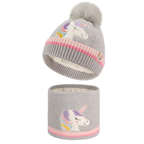 Image of QKURT Kids Winter Beanie Hat Neck Warmer Set, Children Warm Knitted Beanie Hat Snood Neck Warmer Toddler Girls Boys Soft Lining Thermal Cap Scarf Set with Unicorn Pattern Cap Scarf for 2-5