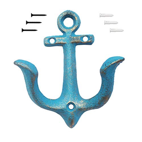 Image of KiaoTime Blue Vintage Rustic Cast Iron Nautical Anchor Design Wall Hooks Coat Hooks Rack, Decorative Wall Mounted Antique Shabby Chic Metal Home Bathroom Towel Coat Hooks Hanger