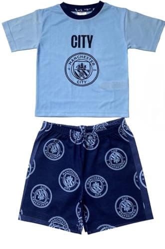 Image of MANCHESTER CITY Boys Pyjamas Set, Light Blue and Navy, Short Sleeve Top and Shorts, Ages 18 Months to 12 Years, Official Merchandise (UK, Age, 9 Years, 10 Years)