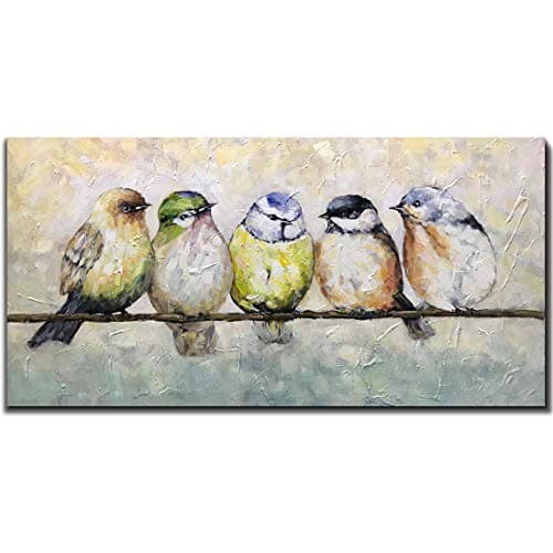 Image of V-inspire Paintings，24x48 Inch Oil Hand Painting Five Birds on The Branch Warm Color Painting Style Home Decoration Wood Inside Framed Ready to Hang…