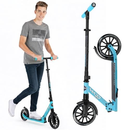 Image of Madd Gear Metro 250 Folding Adult & Teen Scooter - Adjustable, Lightweight, 2-Wheel Commuter Scooter with Large Smooth Rolling Wheels (Black/Blue)