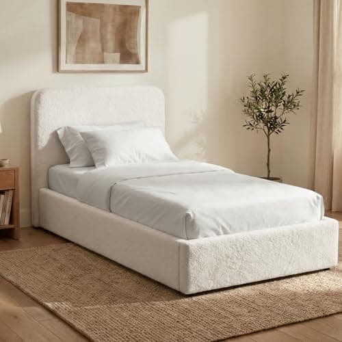 Image of Blisswood Single Ottoman Bed Frame, Upholstered Velvet Finish Bed with Headboard, Gas Lift Storage Base & Wooden Slats, Small Single Bed for Kids Teens Girls or Guest Bedroom (3ft White, No Mattress)