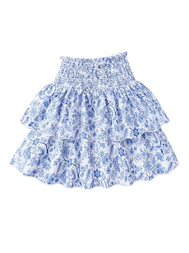 Image of GORGLITTER Girl's Ditsy Floral Tiered Ruffle Skirts Elastic High Waisted Flared Flowy Summer Mini Skirt Age 8-12 Blue 12Y