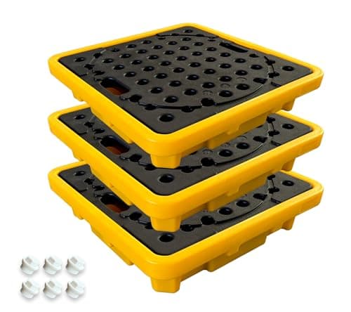 Image of Natotela 3 Pcs Low Profile Spill Containment Pallet Platform w/Drain 1 Drum 11.35 Gallon Sump 23.7"x23.7"x1.6" 1102 lbs Load Capacity Industrial-Strength LDPE Containment Tray for Industrial Storage