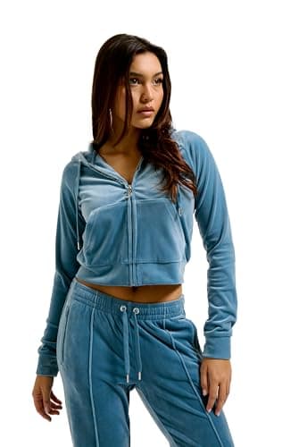Image of Juicy Couture Women's Madison Hoodie Hooded Sweat Jacket, Sweat Jacket with Hood and Zip Made of Velour Hoodie (Pack of 1), Bluestone, L