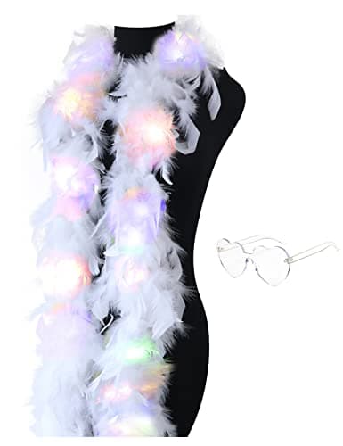Image of JIANGLAI Colorful Feather Boas, 6.6ft Boa with 20 Color LED Lights for Women for Dancing Wedding Party Halloween,with Heart Sunglasses (White)