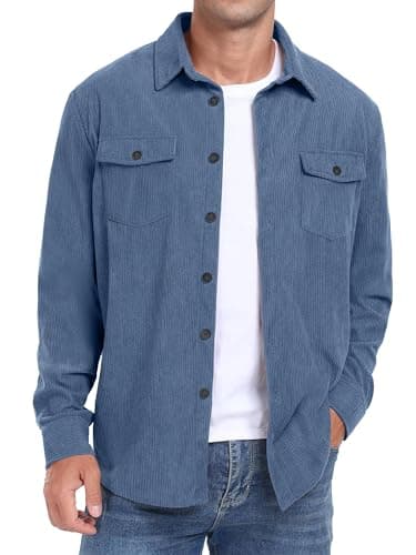 Image of QIXING Men's Corduroy Button Down Shirts Long Sleeve Shacket Trucker Jacket Autumn Winter Coats with Flap Pockets (Light Blue, M)