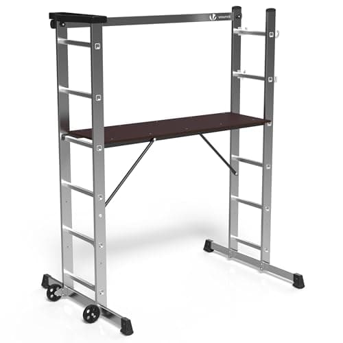 Image of VOUNOT® 3-in-1 Aluminium Scaffolding Ladder, Stable, Multifunctional, with Work Platform: Mobile Scaffolding on Wheels with Tool Holder, 120 x 40 cm, Maximum Load 150 kg, 6 Positions