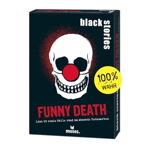 Image of moses. Black Stories Funny Death - 50 Puzzles with Real Cases Around Absurd Types of Death, Crime Card Game with Game Variant and Score Chips, Puzzle Game for Teenagers and Adults