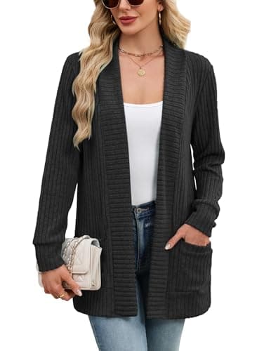 Image of iChunhua Cardigans for Women UK Ribbed Knit Long Sleeve Longline Lightweight Open Front Outerwear Tops with Pockets (Black, Large)